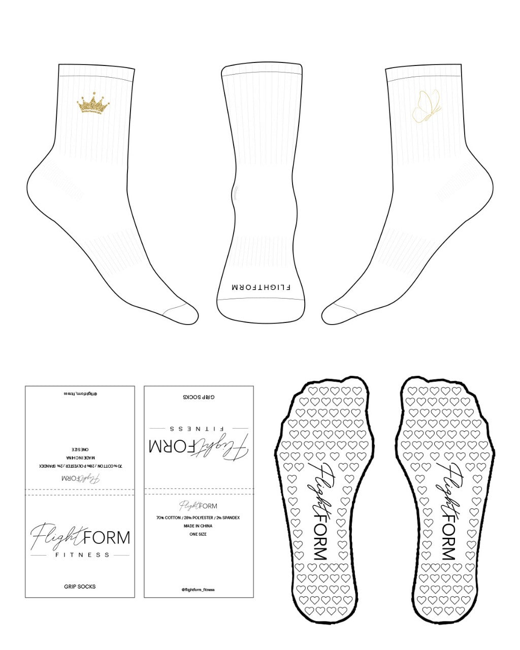 The 3/4 Crew Sock - White - Flightform - Top Left & Right - Front Logo - Embroidered - Gold - Heart Shape Grip - Sparkle Gold