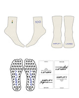 The 3/4 Crew Sock - Off White - Amplify Lagree - Top"CORN" & Fron Logo - Embroidered - Printed - Blue -  Lightning Shape Grip - Blue