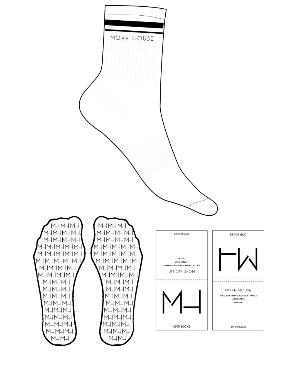The 3/4 Crew Sock - White - Move House - 2 Strip - Top Logo - Black - Custom Shape Grip - Black