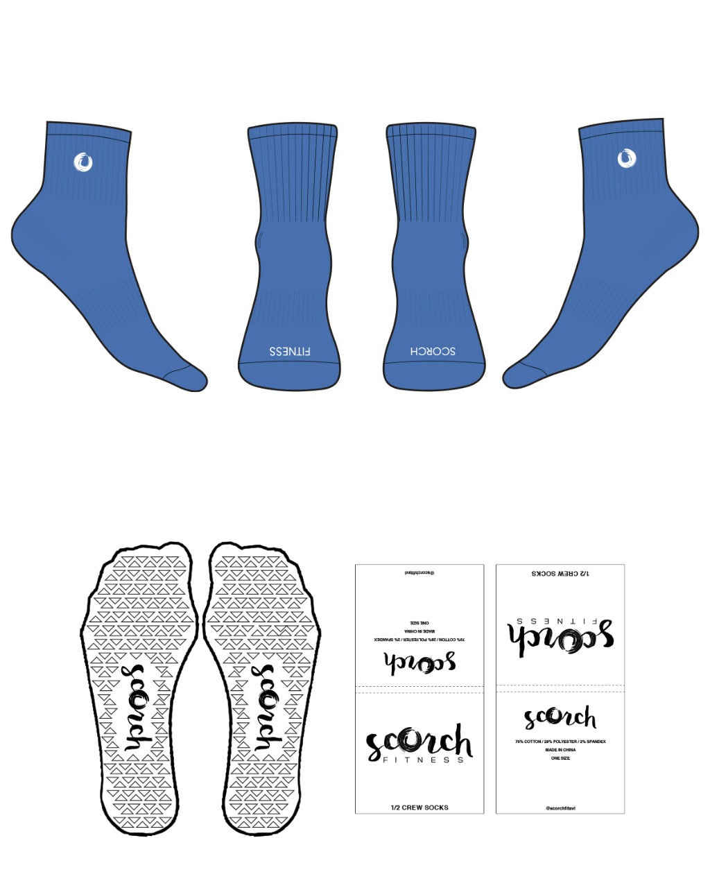 The 1/2 Crew Sock - D77 - Scorch Fitness - Top Side & Front Logos - White - Triangle Shape Grip - White