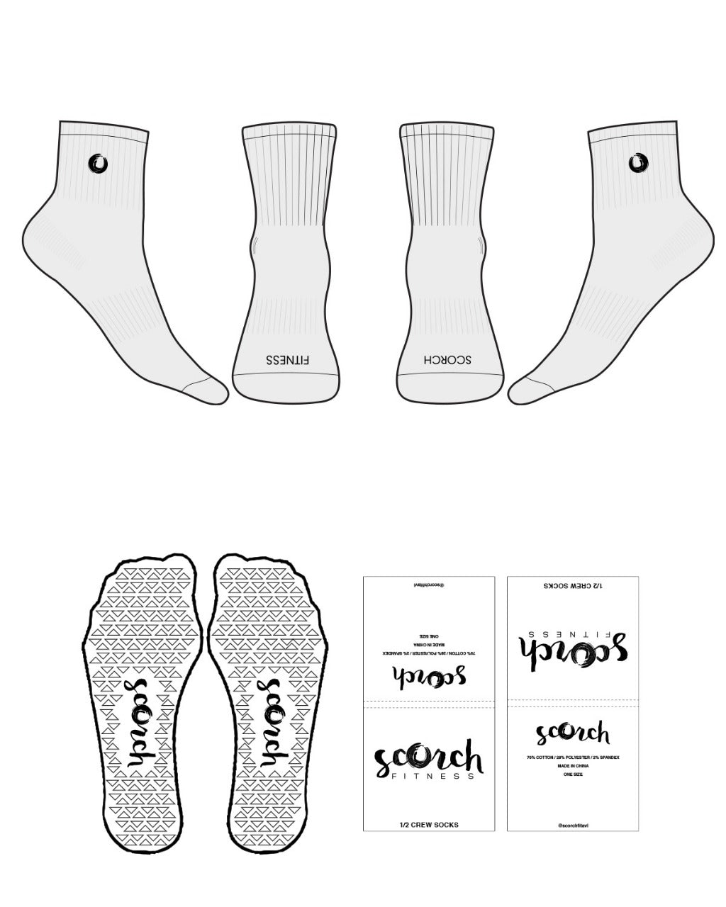 The 1/2 Crew Sock - Heather - Scorch Fitness - Top Side & Front Logos - Black - Triangle Shape Grip - Black
