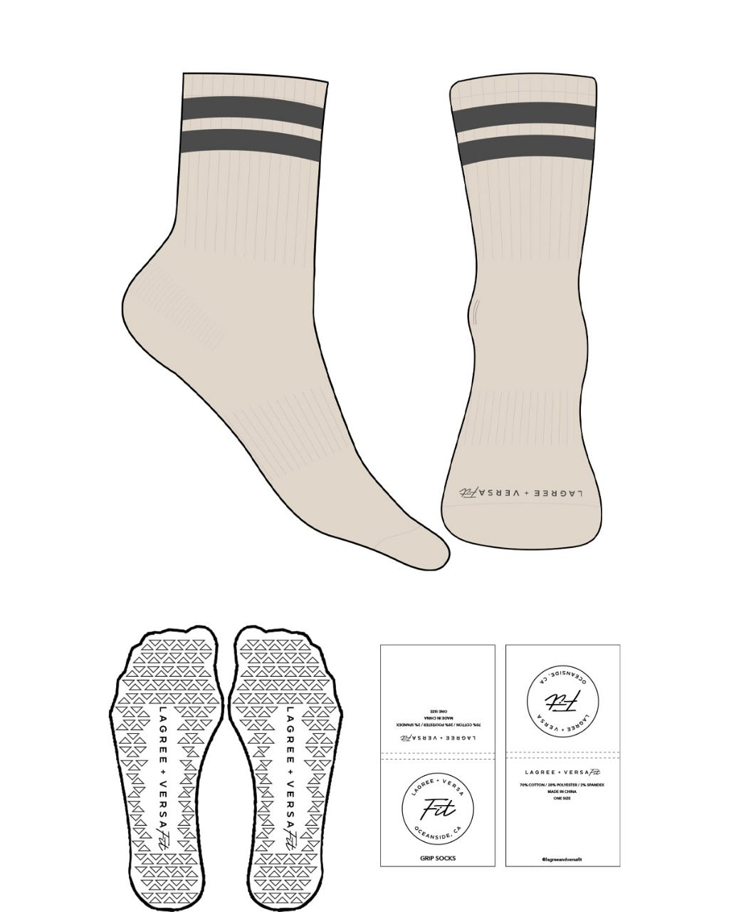 The 3/4 Crew Sock - Sand - Lagree Versa - 2 Strips - Front Logo - Washed Black - Triangle Grip - Transparent