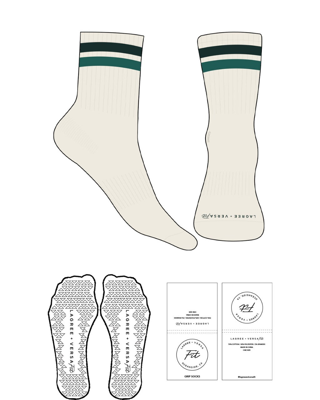 The 3/4 Crew Sock - Off White - Lagree Versa - 2 Strips - Front Logo - Green - Triangle Grip - Transparent