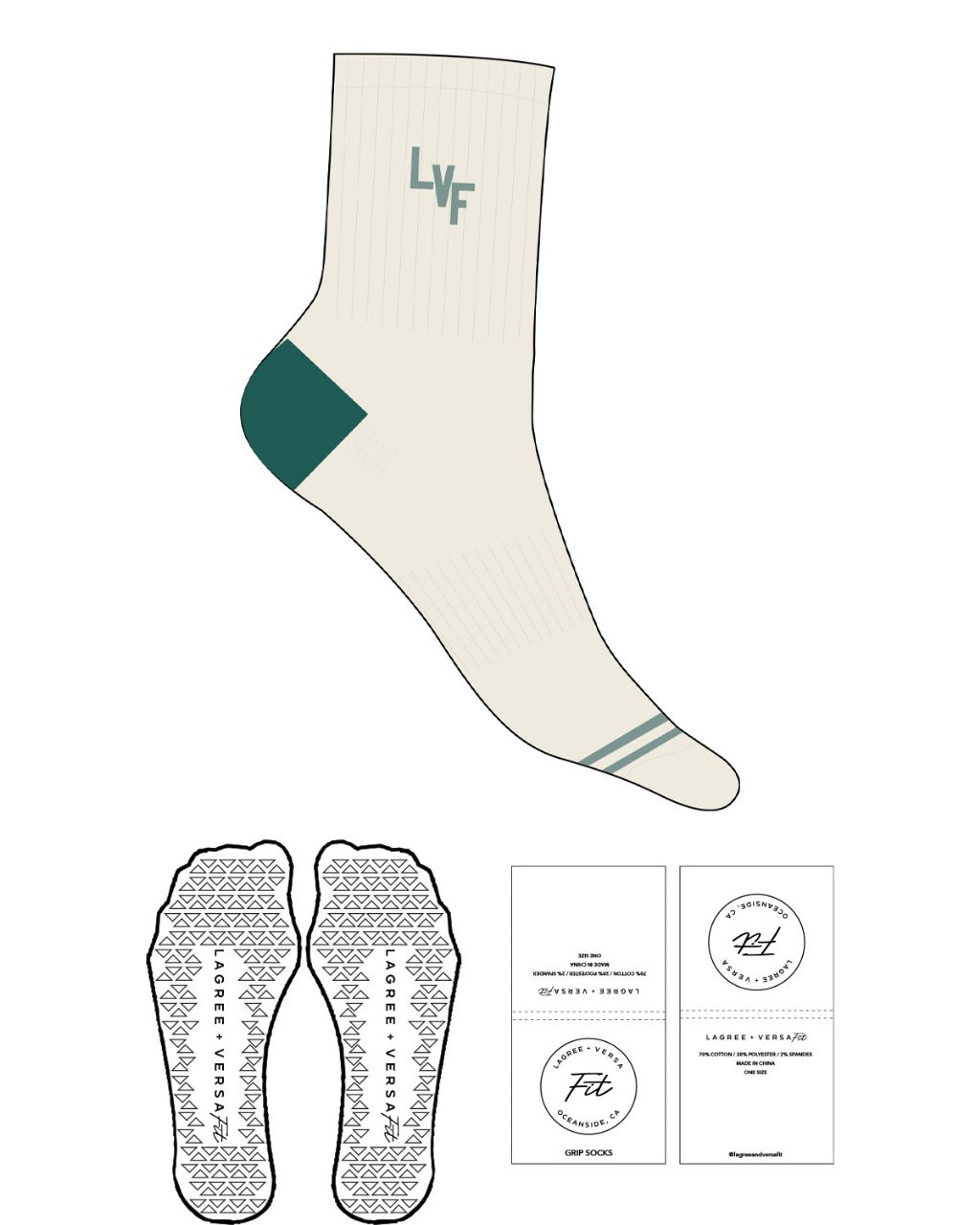 The 3/4 Crew Sock - Off White - Lagree Versa - Top Logo - Toe Strips - Green - Triangle Grip - Transparent
