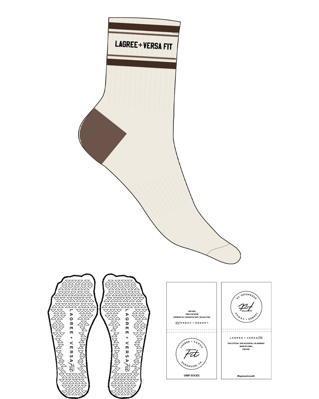 The 3/4 Crew Sock - Off White - Lagree Versa - Top Logo Between Strips -  Full Color- Triangle Grip - Transparent