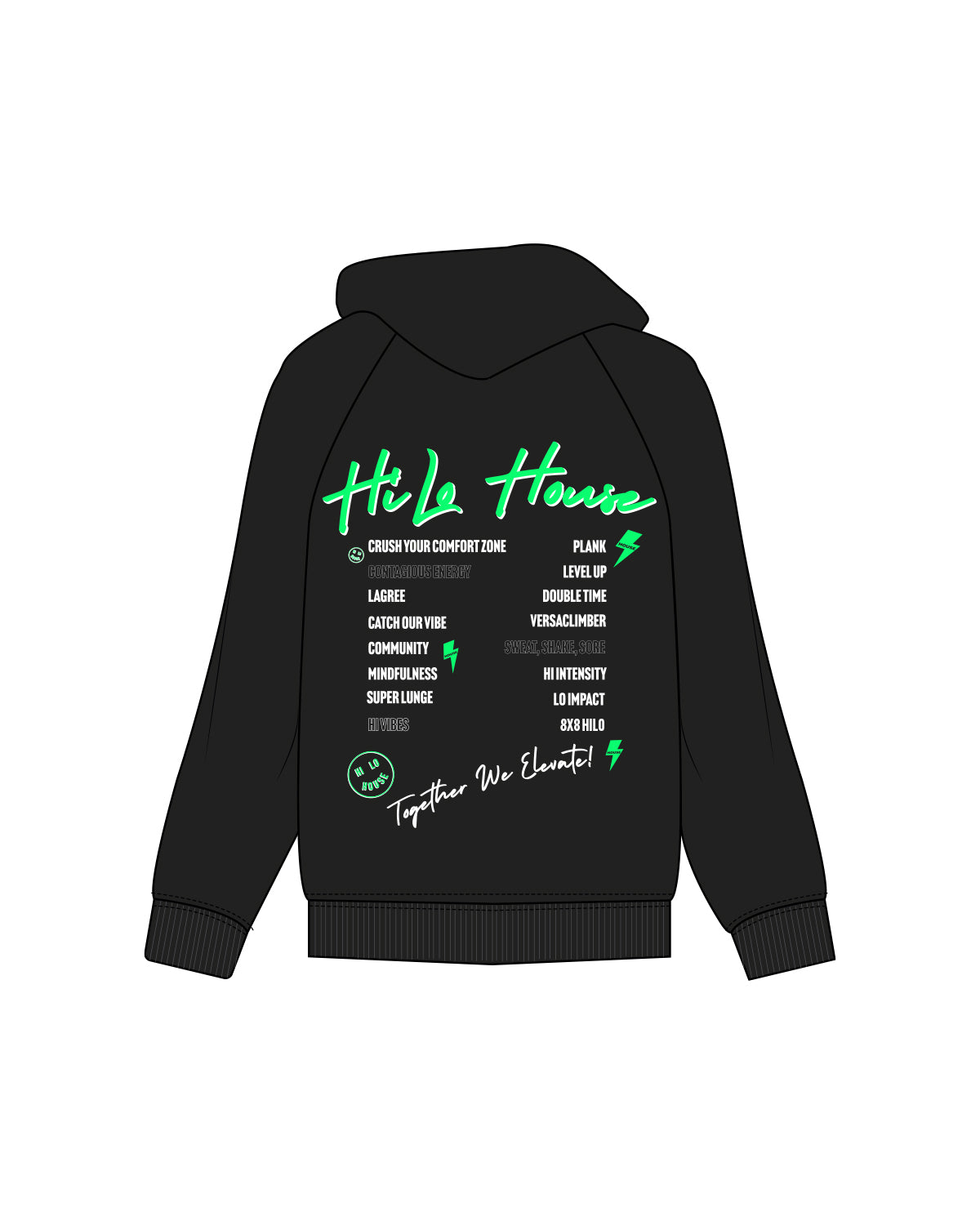 The Womens Zip Hoodie - Black - Hilo House - Left Chest & Back Center Stacked - Full Color