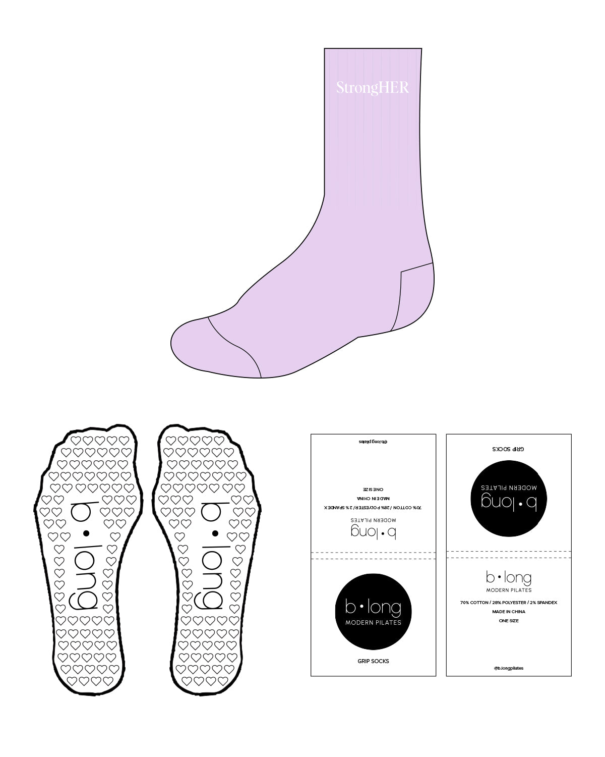 The Crew Sock - Light Purple - B Long Pilates - StrongHER - White Logos - White Grip