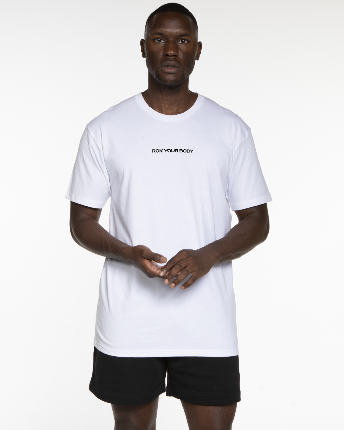 The Mens Tee - White - Bodyrok Employee - Center Chest & Back Stacked - Printed - Storm Gray