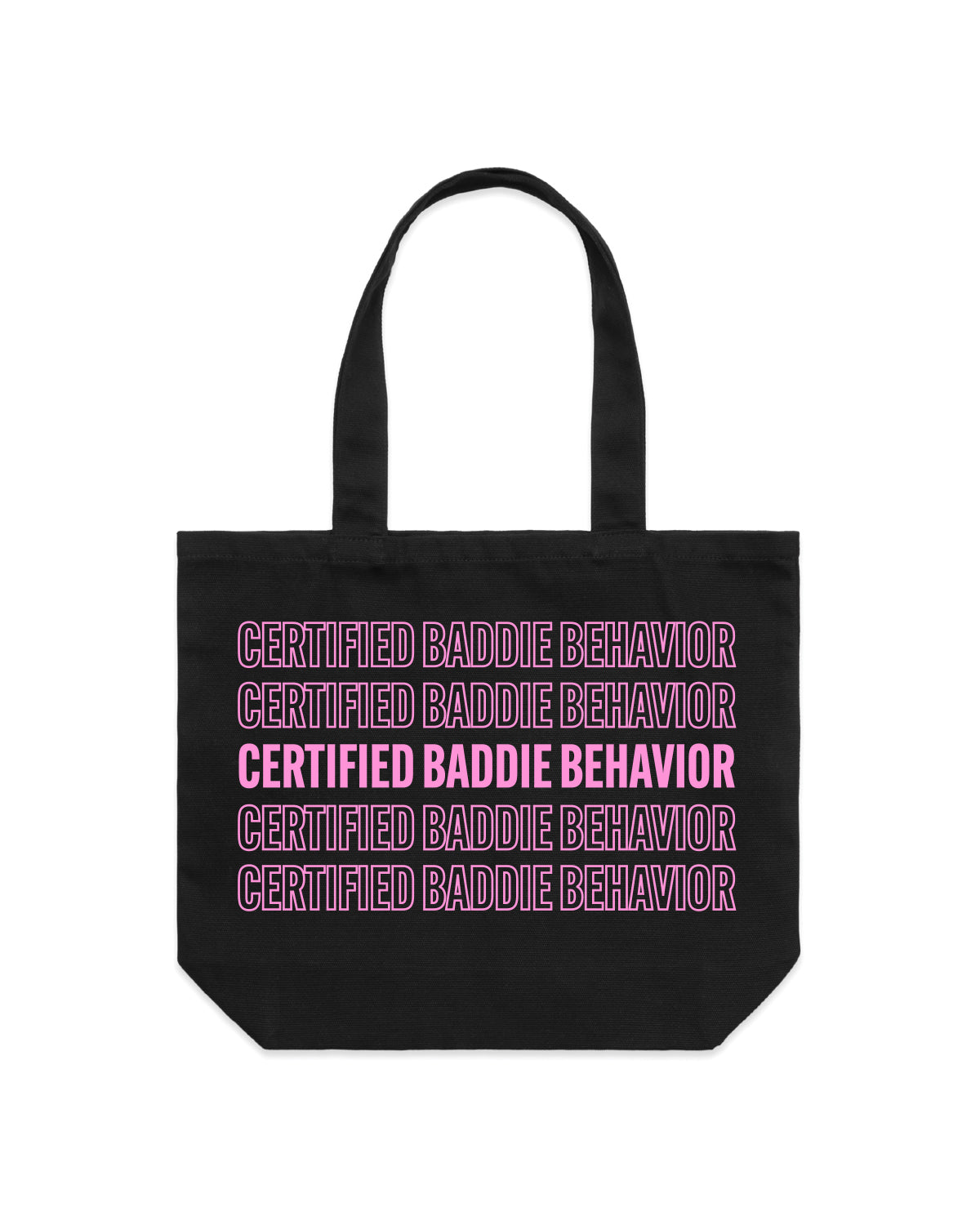 The Tote Bag - Black - Certified Baddie - Repeating Logo - Pink