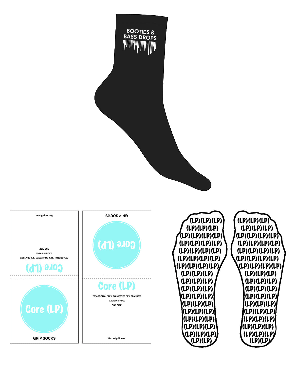 The 3/4 Crew Sock - Black - Core LP - Top Logo Stacked - White - Custom Shape Grip - White