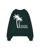 The Womens Heavy Crewneck - Pine Green - Pilates Leucadia - Center Chest & Back Logos - White